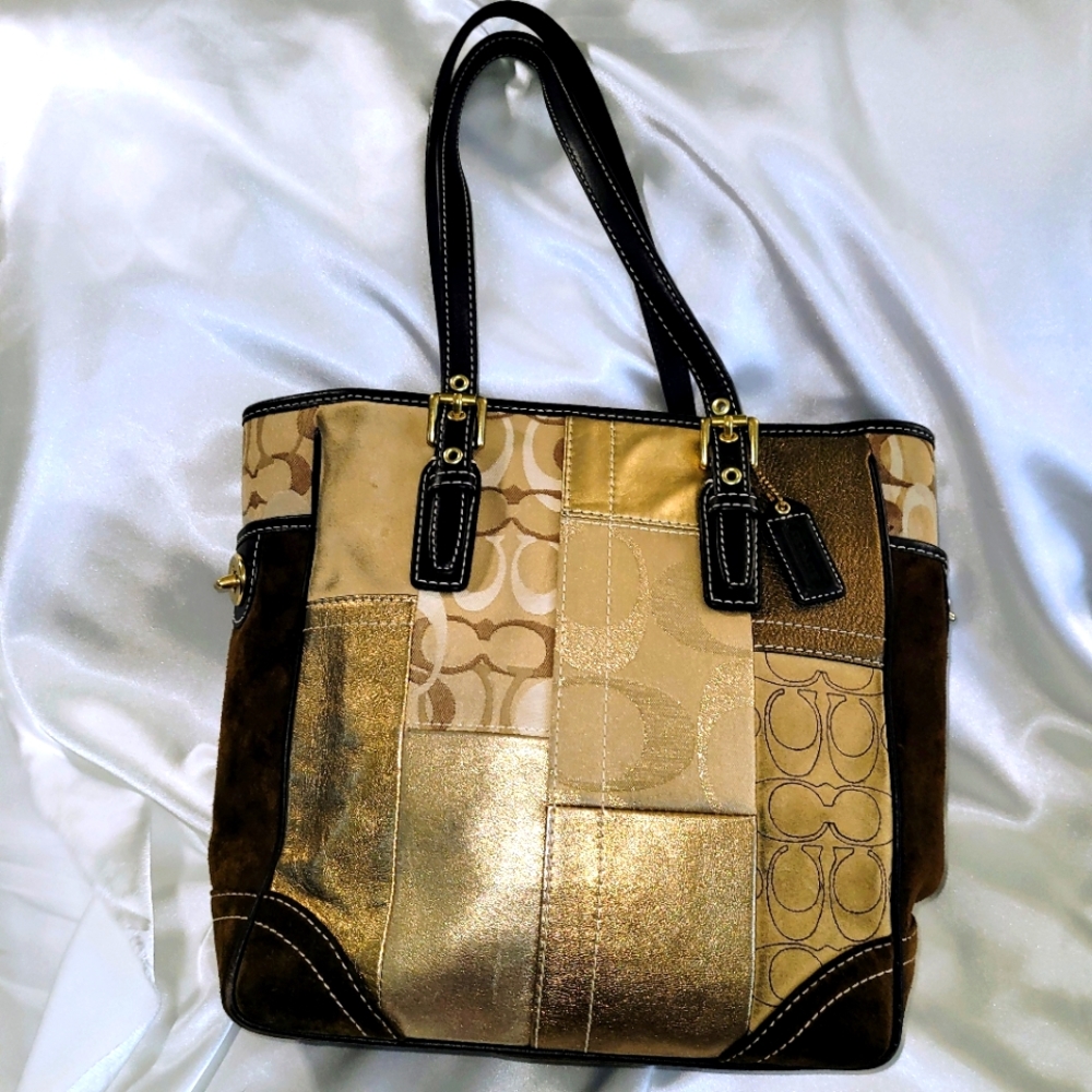 COACH👜💖Patchwork Logo Gold Suede Leather Fabric Tote F11408